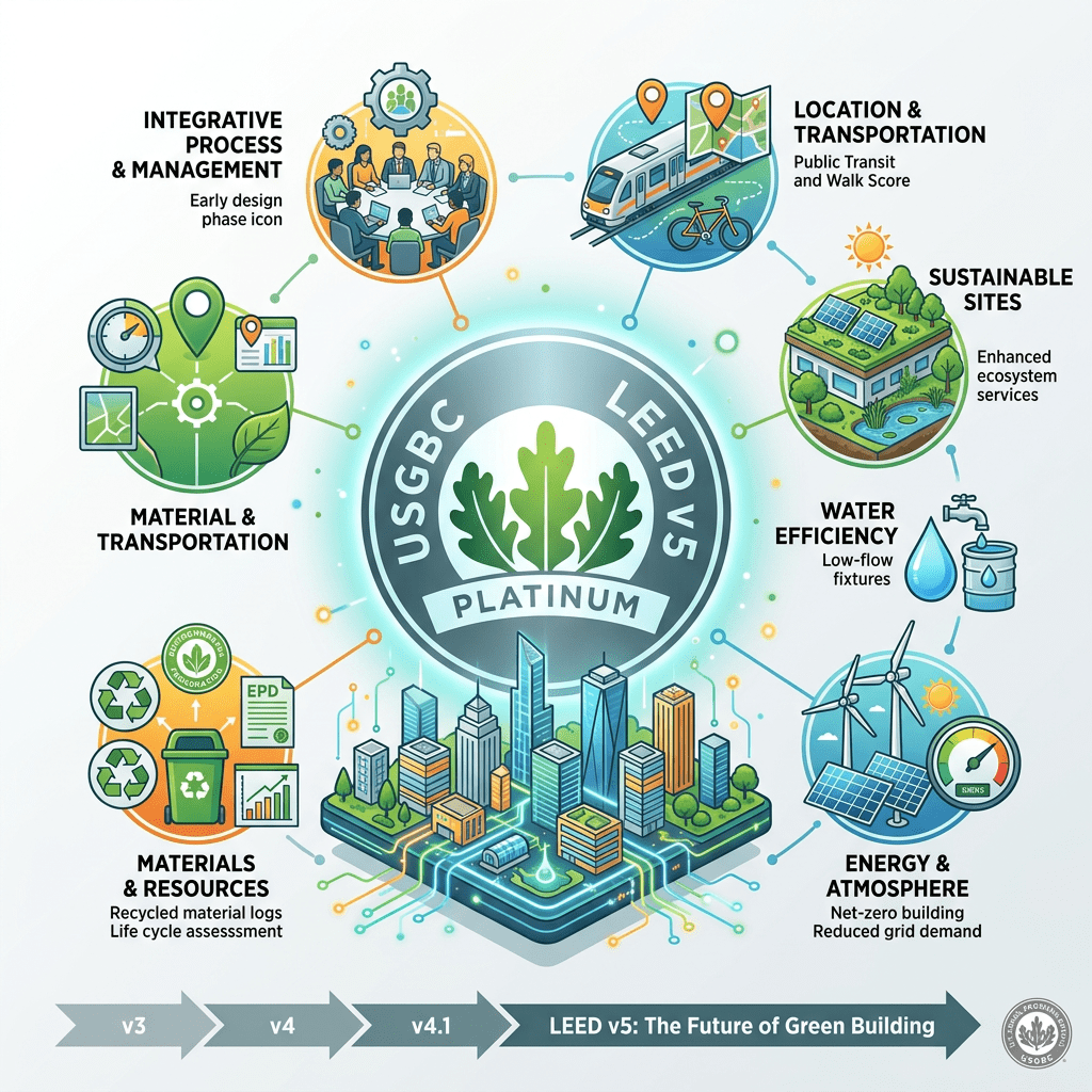 Diagram showing LEED v5 Platinum green building elements including integrative process, location, sustainable sites, water efficiency, energy, materials, and transportation